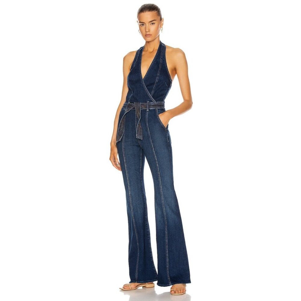 NWT Mother The Halter Doozy Jumpsuit in Home Movies Stretch Flare Denim 30